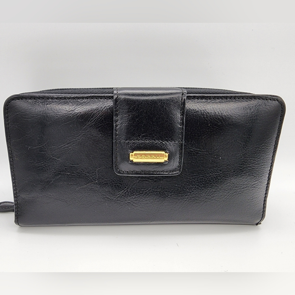 Fossil black leather wallet with checkbook and pen vintage NWT